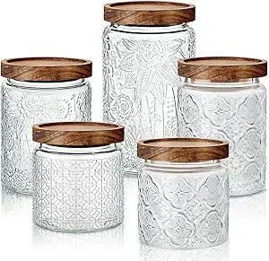 Gerrii Clear 5 Pcs Vintage Glass Food Storage Containers 17/24/34 oz Glass Jar with Lid Airtight Candy Food Canisters for Kitchen Counter Pantry Coffee Beans (Begonia,Sunflower,Window Grilles Round)