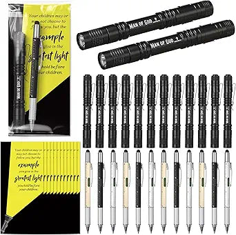 Coume 12 Set Fathers Day Christian Gifts Bulk Man of God Mini LED Flashlights with Scripture and 6 in 1 Pocket Tech Multitool Tool Pen with Refills Card for Church Men Godfather Pastor (Neutral Color)