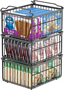 MSERCUOR Freezer Organizer Bins, 3 Pack Big Stackable Deep Chest Freezer Organizer Bins, Foldable Baskets with Handles, Black Storage Container Baskets for 5 to 9 Cu.FT Deep Freezer Sort Frozen Meats