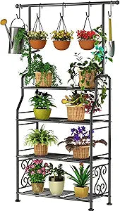 GIOTORENT Plant Stand Indoor Outdoor, 4-Tier Heavy Duty Metal Shelves, Display up to 17 Multiple Plants, Tall Plant Holder with Plant Hanger, Suit for Patio Living Room Garden Balcony, 5 Hooks, Black