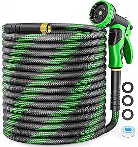 Non-Expandable Garden Hose 50 FT, Heavy-Duty & Flexible Water Hose with 10-Function Nozzle, Kink-Free & Leak-Proof Design, Ultra Lightweight Portable Yard Hose for Lawn, Car, Outdoor Use