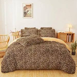 Fluffy Faux Fur Cheetah Comforter Cover Set Queen - Ultra Soft Plush Leopard Bedding Sets 3 Pieces (1 Fluffy Duvet Cover + 2 Faux Fur Pillow case) Leopard Print Bed Set (Cheetah, Queen)