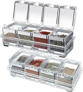 2 Set Acrylic Seasoning Organizer Box 10 x 4 x 3.2 in 8 Clear Seasoning Rack Spice Pot Condiment Container with Lid and Spoon Storage Container Spice Jar for Sugar Salt Kitchen Cooking Organizer