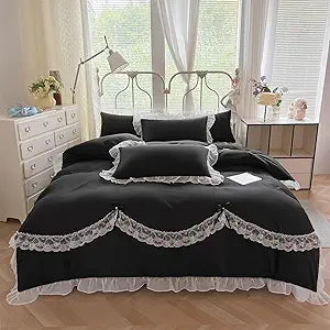 MOOWOO Chic Lace Bedding Set with Cute Bowtie,3 Piece Gothic Style Comforter Duvet Cover Set(1 Queen Duvet Cover 90x90 Inch, 2 Pillowcases) Aesthetic Bedding for Romantic French Wedding