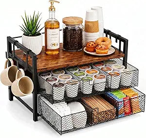 Coffee Station Organizer, Countertop Coffee Bar Holder with 2 Drawers, 4 Side Hooks, Holds 36 K Cups, Coffee Pods, Capsules, Rustic Brown Storage for Tea Bags, Syrup, Kitchen, Apartment, Home, Office