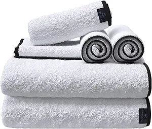 Macouba Bath Towel Set of 6 White Bath Towels with Black Trim - 2 Bath, 2 Hand, 2 Face, Black and White Bath Towels 100% Cotton, 600 GSM, Soft & Absorbent Towels for Bathroom