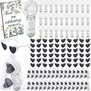 Chumia 91 Pcs Wedding Favors for Guests 30 Mini Portable Handheld Electric Fans 30 Heart Sunglasses 30 Organza Bags & Wooden Sign Summer Outdoor Bridal Shower Guest Gifts Souvenirs(Eucalyptus)