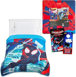 Miles Morales Bedspread Set for Kids - Bundle with Spiderman Quilted Bedspread for Twin Bed Plus Stickers, More | Spiderverse Twin Bedding for Boys