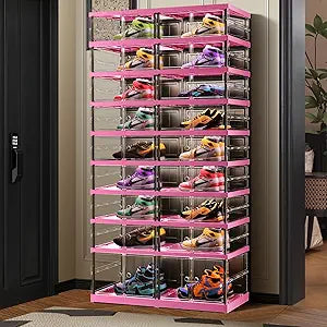 CIMLORD 9-Tier Foldable Shoe Rack for Closet Entryway 18-36Pairs, Stackable Clear Shoe Storage Boxes Organizer With Door Plastic Shoe Cabinet Bins with Lids Shoes Shelf Easy Assembly LargeBlack-pink