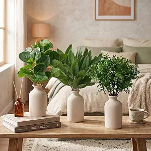 3 Set Ceramic Vase with Greenery 16" Artificial Eucalyptus in Vase Small Fake Potted Plants Decor for Indoor Farmhouse Centerpieces Office Desk Decor Plants in Pots for Bathroom Bedroom Home Shelf