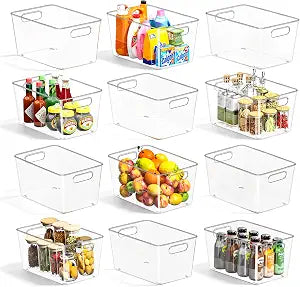 12 Pack Clear Plastic Storage Bins, Pantry Organizing Bins , XL