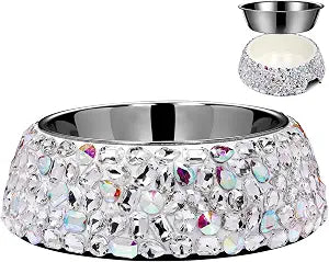 SlowVibes Diamond Stainless Steel Dog Bowls,Bling 7oz Detachable Metal Food Water Bowl for Feeding Dogs Cats,Rust Resistant Non-Slip Puppy Dish,Sparkle Essentials Fancy Dish for Small Girl Pets