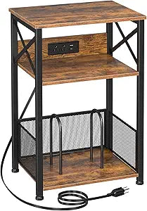 AMHANCIBLE Record Player Stand with Charging Station, Turntable Stand with Storage Cabinet, 3 Tier End Table Hold Up to 100 Albums, Record Table for Vinyl, Living Room, Rustic Brown, HETCD01BR-1