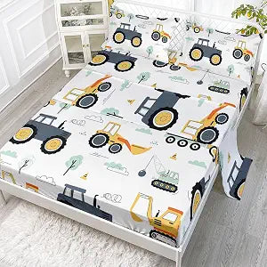 Truck Sheets Set 4Pcs for Kids,Crane Excavator Engineering Vehicle Printed Sheet Set with 1 Flat Sheet and 1 Fitted Sheet + 2 Pillowcases(Vehicle Full)
