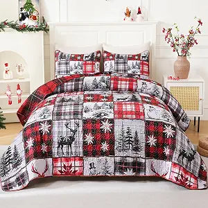 ASPMIZ 3 Pieces Christmas Quilt Queen Size, Red Plaid Quilt Bedding Set with 2 Pillow Shams Reversible Patchwork Quilts, Christmas Snowflake Comforter Set Lightweight Winter Coverlet, Grey, 106"x96"