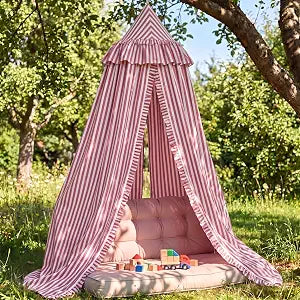 SmoothNovelty Red Striped Bed Canopy with Ruffles, Soft Cute Decorative Tent, Hanging Bed Curtains for Reading Nook Play Area, Adult Bedroom Circus Tent Canopy