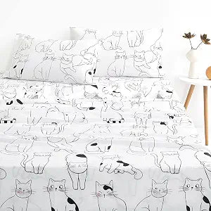 Wake In Cloud - Cats Bed Sheets, 100% Cotton, 4-Piece Sheet Set, Cute Cat Kitty Kitten Animal Drawing Pattern Printed Bedding, Deep Pocket, White Black, Queen Size