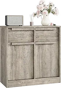 GarveeHome Sideboard Buffet Cabinet with 2 Drawers, 31.5 in Large Coffee Cabinet with Storage, Modern Storage Buffet Table for Kitchen Dining Room, Living Room (Grey, 2 Doors & 2 Drawers)
