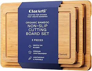 Bamboo Cutting Boards for Kitchen Set of 3 Non-Slip Wood Cutting Boards with Juice Groove Thick Organic Bamboo Chopping Board Set for Meat, Vegetables & Meal Prep