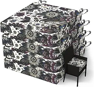 WOLKI Outdoor Cushions for Patio Furniture Set of 4, 18.5 x 16 x 3 Flower Black Waterproof Seat Cushions Thick Chair Pads for Garden, Patio(Square Corner)
