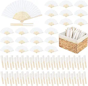 Aodaer 150 Pieces White Paper Fans Folding Fans with Foldable Storage Basket Bamboo Handheld Fan for Guests Wedding Bridal Party Favor Baby Shower Decoration DIY Supplies
