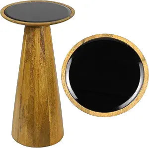 JONATHAN Y Linden 21.5" Mango Wood Drink Table with Black Glass Top, Small Round Side Table with Cone Pedestal Base for Living Room and Small Spaces, Modern Martini Cocktail Table, Natural END4004A