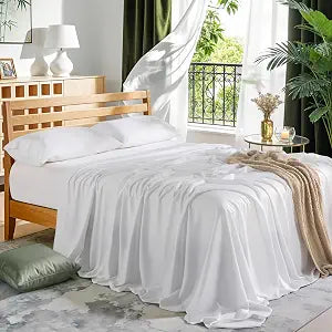 LBRO2M 100% Rayon Derived from Bam_Boo Sheet Set King Size 19" Deep Pocket Cooling Bed Sheets 4 Pcs, Breathable and Silky Soft Bedding Set for Hot Sleepers (King White)