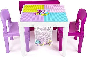 Humble Crew Kids Activity Table and 2 Chairs Set, Pink/Purple/White - 2-in-1 Toddler Play Table Building Blocks Compatible - Premium Childrens Table and Chair Set for Arts, Crafts, Reading and More