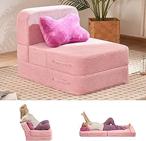 Folding Sofa Bed, Convertible Sleeper Chair Pull Out Bed, 3 in 1 Floor Couch, Corduroy Fabric, Single, Pink, with Pillow