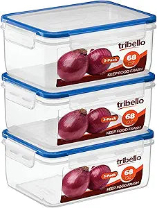 Tribello 68 oz Airtight Food Storage Containers with SnapTight Lids Clear, Stackable, BPA-Free Meal Prep Containers for Kitchen, Freezer & Pantry 3-Pack