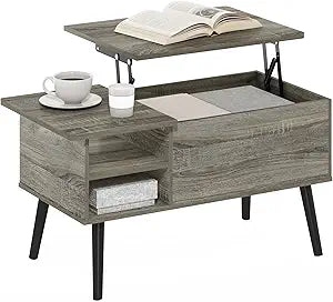 Furinno Jensen Lift Top Coffee Table with Storage Shelf, Side Shelf, Hidden Compartment, for Living Room, Grey Oak