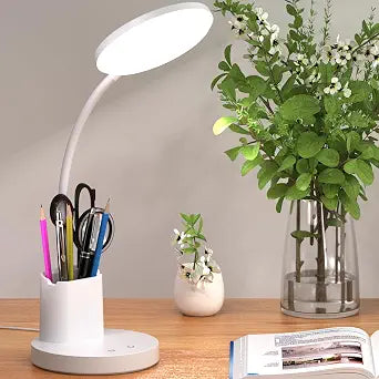 LED Desk Lamp for College Dorm with Pen Phone Holder, White