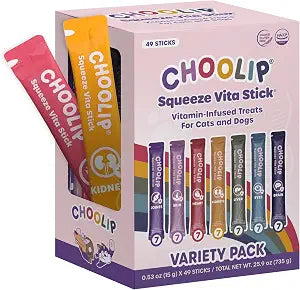 Choolip Squeeze Vita Stick Lickable Cat and Dog Treats 49-Count Variety Pack Real Meat Puree with Multivitamins for Total Pet Wellness Grain-Free, High-Moisture, Vet-Formulated