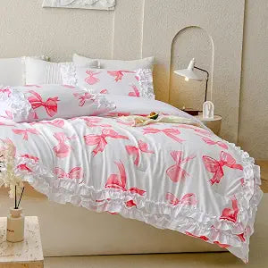 Pink Bowknot Comforter Queen White Ruffle Bedding Sets 3 Pcs Pleated Lace Ruffled Bedroom Decor Bow Ties Butterfly Tie Coquette Aesthetic Bedding Comforter for Girls Women