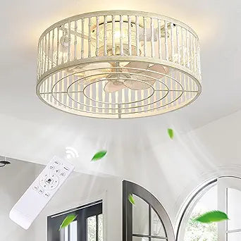 20" Flush Mount Ceiling Fan with Light, Low Profile Bladeless Design, Remote Control, 6 Speed Settings, White Gold