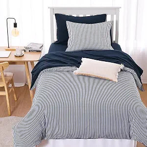 Wake In Cloud - Striped Comforter Set with Sheets, Ticking Stripe Vertical Pinstripe Neutral Farmhouse Pattern Printed, 5 Pieces Bed in a Bag, Navy Blue White, Twin Size