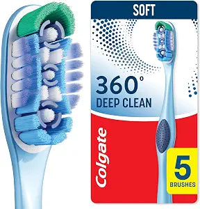 Colgate 360 Deep Clean Toothbrush with Soft Bristles, 5 Pack, Adult Manual Toothbrushes with Multiheight Bristles, Easy to Open, Recyclable Packaging