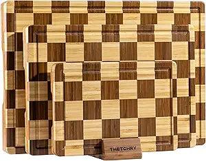 THETCHRY Bamboo Cutting Board Set, Checkered Wood Cutting Boards for Kitchen with Juice Groove, Non Toxic Wooden Charcuterie Boards, Non Slip Chopping Board for Meat Fruit Cheese, Housewarming Gift