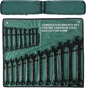 20-Piece Metric Combination Wrench Set in Roll-up Pouch, Metric 6-32mm, Spanner Wrench Set | 12 Point | Chrome Vanadium Steel | Fully Polished (Black)