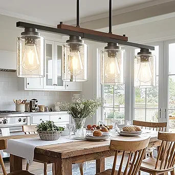 Amico Dining Room Light Fixture 4-Light Kitchen Island Lighting with Adjustable Rods, Farmhouse Decor Black Metal & Wood Chandelier with Seeded Glass Shade, Island Lights for Kitchen