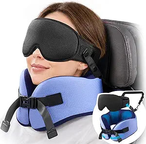 YFONG Travel Pillow for Women Airplane, Patented 360 Ergonomic Sleeper Hold Head Support System with Memory Foam Neck Pillow & 3D Sleep Mask, Prevent Head Bobbing for Long Flights & Road Trip, Blue