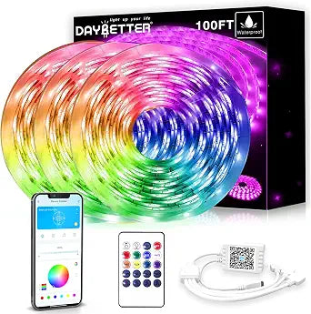 DAYBETTER 100ft LED Strip Lights Waterproof RGB LED Rope Lights with App Remote Control, Music Sync,12V Self-Adhesive LED Tape Lights for House Patio Deck100 FT (3 Rolls of 32.8ft)