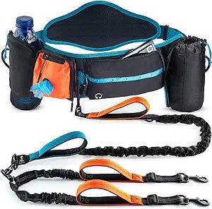 SparklyPets Double Bungee Waist 2 Dog Leash with Back Brace Dual Dog Leash for Medium/Large Breeds Running Belt Fanny Pack with Phone, Waste, Treat, and Bottle Pockets