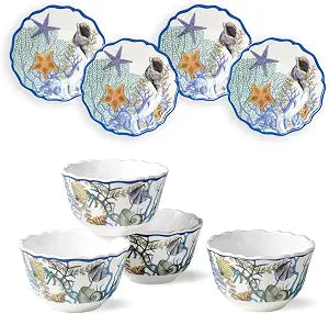 Blue Lagoon 8-Piece Coastal Canap Plate & Dip Bowl Set Ocean-Inspired Melamine Serveware for Appetizers, Snacks, Dips & Desserts Shatterproof, Chip-Resistant, Perfect for Beachside Dining