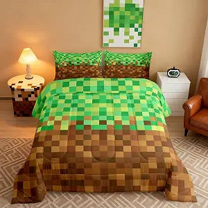 Manfei Pixelated Kids Comforter Set Twin Size,Video Games Gamepad Miners Bedding Set for Teens Adults Bedroom Decor,Geometric Grid Duvet Insert,Brown Green Quilted Duvet Set with 1 Pillowcase