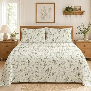 Ivellow Green Leaf Queen Sheet Set - 4 Pieces Olive Branch Printed Bedding