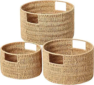Vagusicc Wicker Storage Basket, Hand-Woven Paper Rope Large Round Woven Basket With Handles, Wicker Baskets for Organizing/Storage, Natural, 3-Pack
