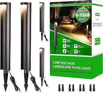Low Voltage Pathway Lights, LED Landscape Path Lights, Outdoor Waterproof IP65, Wired Black Aluminum, 5W 200LM for Walkway Sidewalk 4 Pack