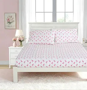 Chezmoi Collection Kids/Teens Flamingo Fitted Sheet, Queen Size 2-Pack ��� 2 Fitted Sheets + 4 Pillowcases (No Flat Sheet) - Soft Microfiber Fitted Sheet Set ��� Soft White Pink Flamingo Print