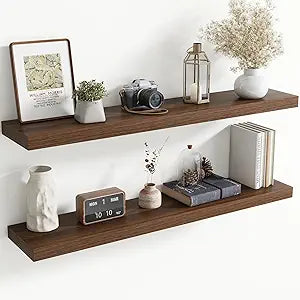 48 Inch Floating Shelves for Wall, 8 Inch Deep Floating Shelf for Storage & Display, Rustic Wall Mounted Shelf with Invisible Brackets for Living Room, Kitchen, Bathroom, Home Decor, Set of 2, Walnut